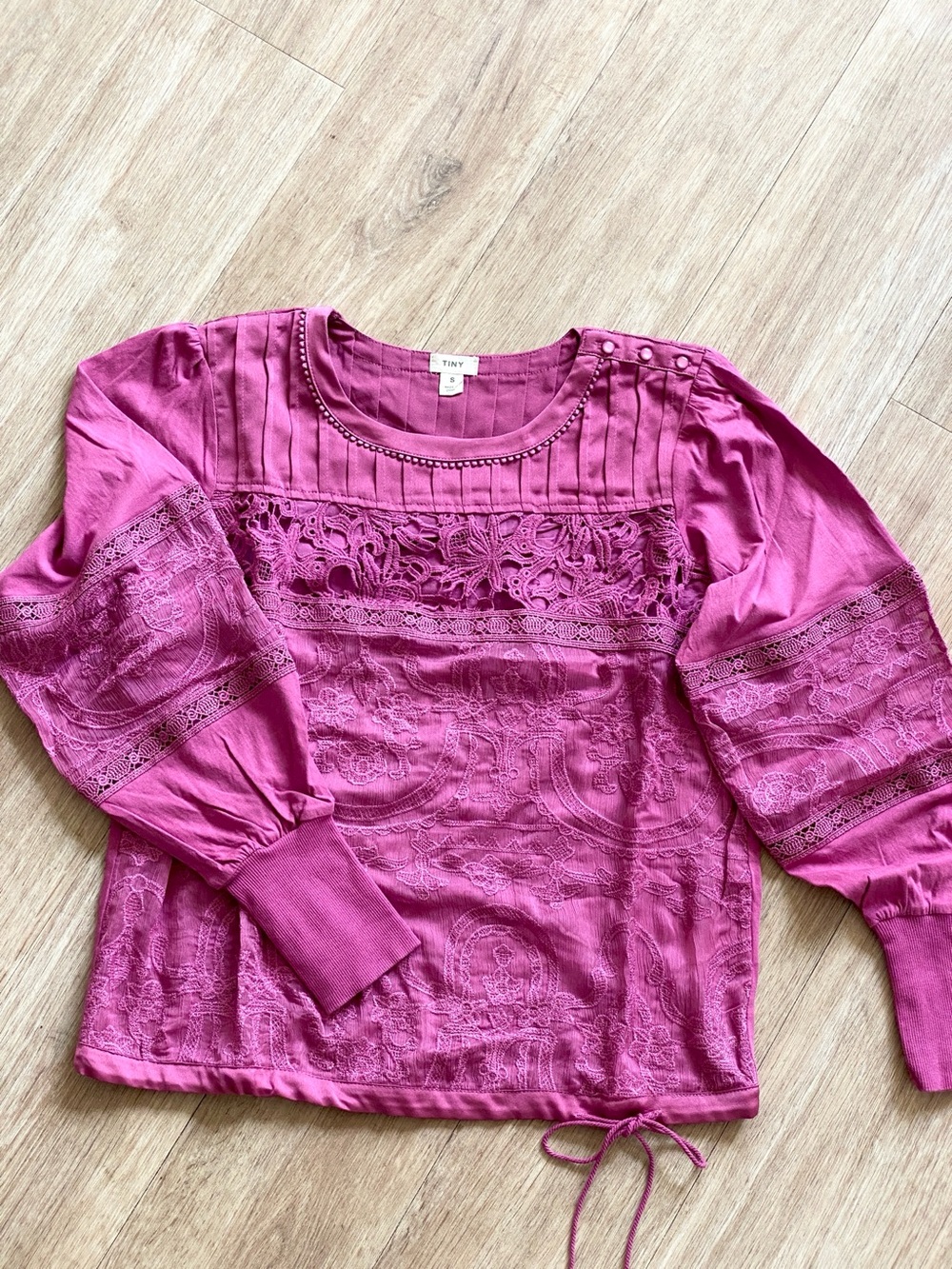 Anthropologie Magenta Lace-Detail Long Sleeve Top
